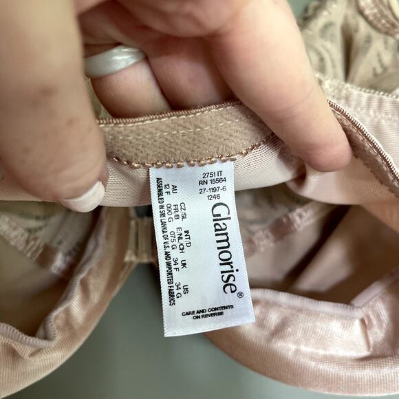 Glamorise Wonderwire Front Closure T Back Bra Cafe Size‎ 34G Nude Tan Cream Lace - Picture 16 of 16